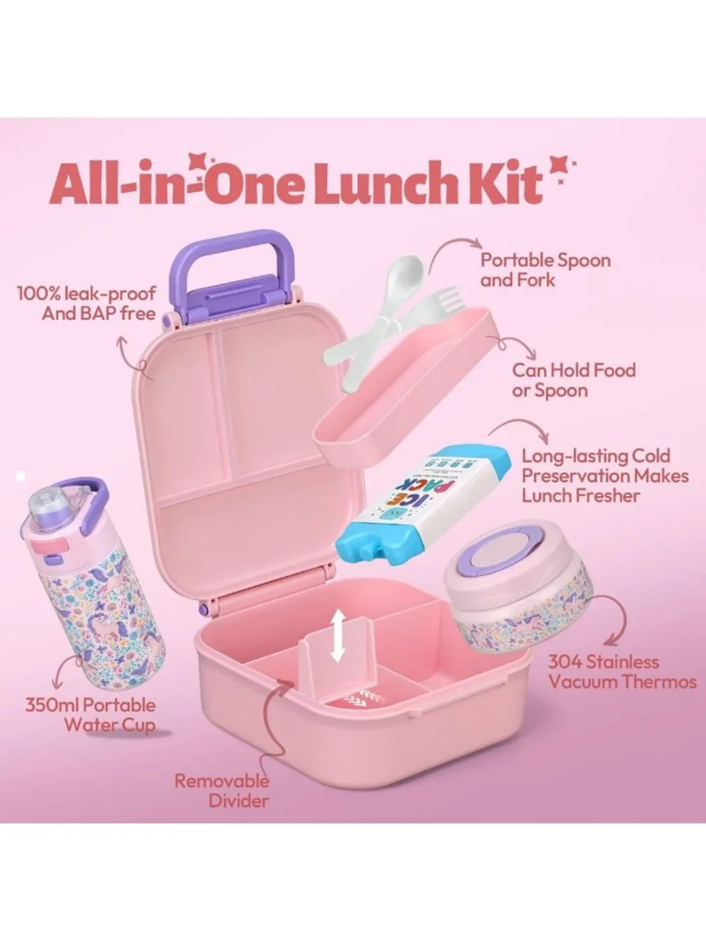 Insulated Kids Bento Lunch Box Set with Thermos, Water Bottle & Utensils - Pink